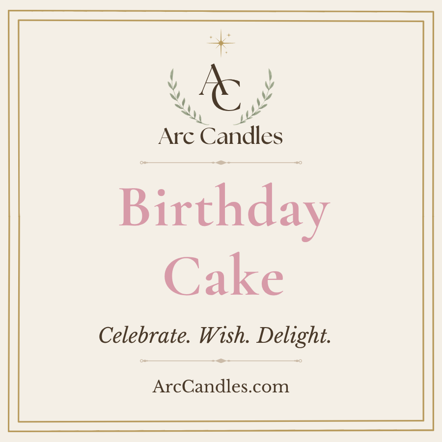 A square cream-colored card or label with a thin gold border, featuring the Arc Candles logo at the top and the words 'Birthday Cake' in large pink lettering, with the tagline 'Celebrate. Wish.