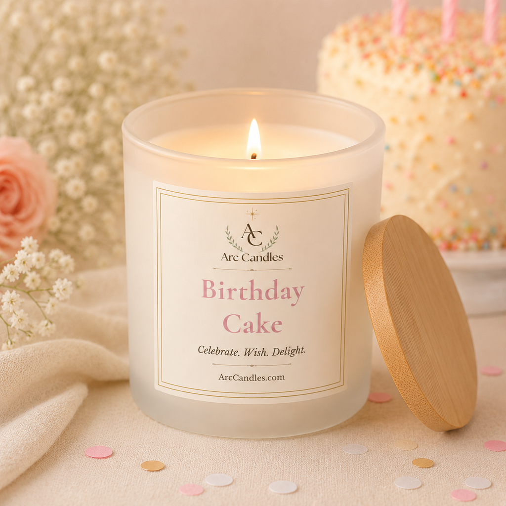 A frosted glass jar candle labeled 'Arc Candles Birthday Cake' with a lit flame, shown with its wooden lid leaning beside it on a soft beige surface. The scene is styled with flowers, confetti, and a blurred birthday cake in the background.