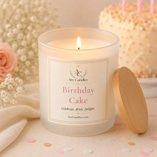 A frosted glass jar candle labeled 'Arc Candles Birthday Cake' with a lit flame, shown with its wooden lid leaning beside it on a soft beige surface. The scene is styled with flowers, confetti, and a blurred birthday cake in the background.