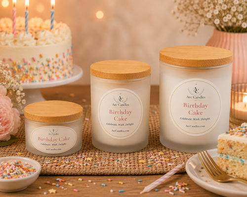 Three frosted glass birthday cake scented candles with light wood lids are arranged on a woven mat with cake slices, sprinkles, and candles in the background, creating a celebratory scene. The labels read 'Arc Candles Birthday Cake'.