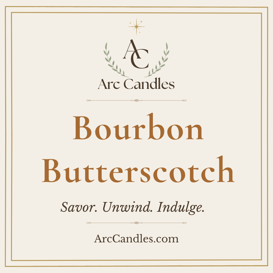 A square cream-colored label for Arc Candles Bourbon Butterscotch scented candle, featuring a gold border, the Arc Candles logo with a laurel wreath, and the scent name in large brown serif text.
