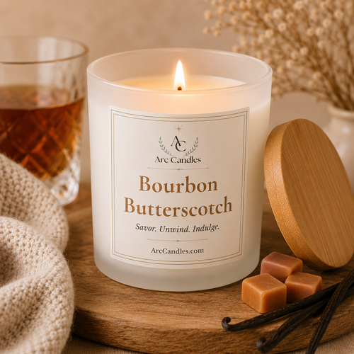 A lit Arc Candles scented candle in a frosted glass jar sits on a wooden tray with its bamboo lid beside it. The label reads 'Bourbon Butterscotch' and includes the brand name Arc Candles.