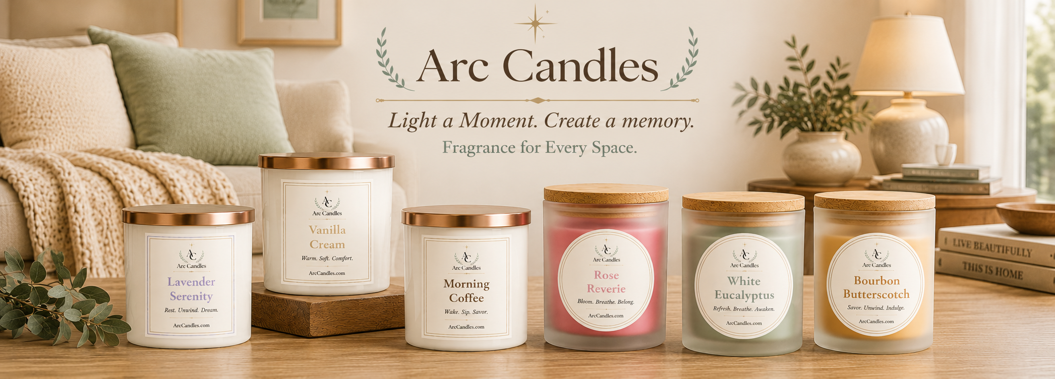 Six Arc Candles scented soy candles in glass jars with gold and wood lids are lined up on a wooden table in a cozy, warmly lit living room setting. The background features a sofa with pillows, a lamp, and a window.