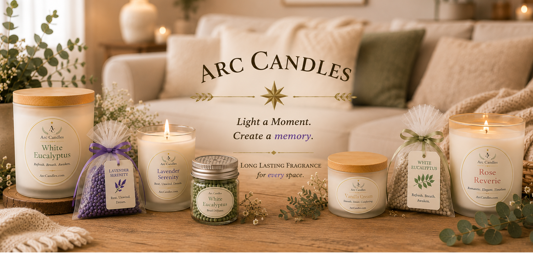 A collection of Arc Candles products arranged on a wooden table in a cozy living room setting. The products include various scented candles in glass jars with wooden lids, lavender sachets, and a green Bead Diffuser, all with labels from Arc Candles
