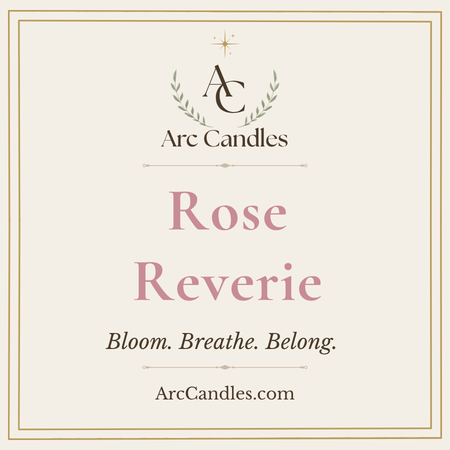 A square cream-colored label for Arc Candles 'Rose Reverie' scented candle, featuring a gold border, a central logo with a laurel wreath and star, and the scent name in large dusty pink text.
