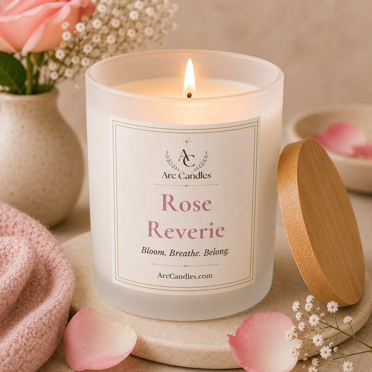 A lit Arc Candles 'Rose Reverie' scented candle in a frosted glass jar, shown with its bamboo lid beside it on a stone coaster, surrounded by pink rose petals, a pink knit fabric, and a vase of roses.