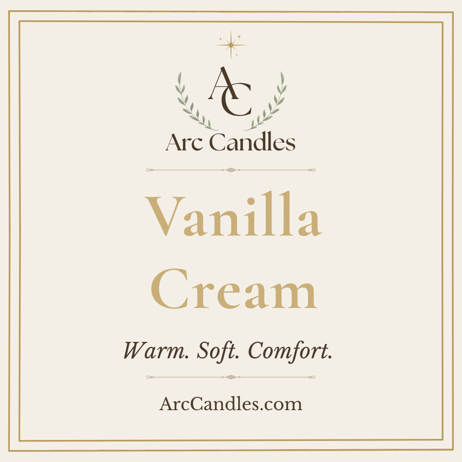 A square cream-colored label for Arc Candles Vanilla Cream scented candle, featuring a gold border, the Arc Candles logo with a laurel wreath, and the text 'Vanilla Cream' and 'Warm. Soft.