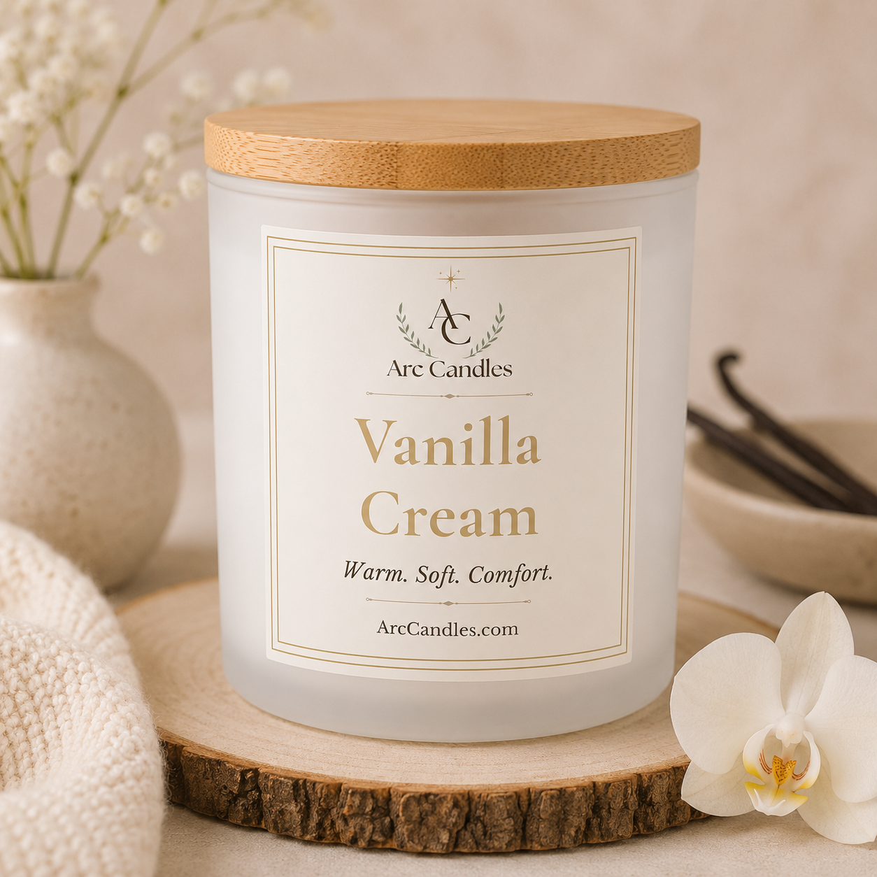 A frosted glass jar candle with a light wood lid sits on a rustic wood slice coaster. The front label reads 'Arc Candles' and 'Vanilla Cream' with 'Warm.