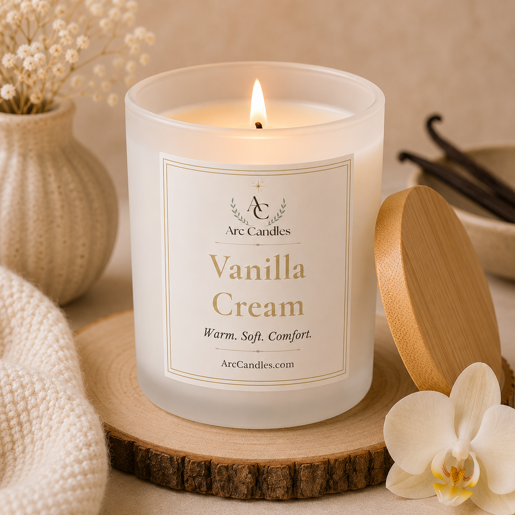 A frosted glass jar candle labeled 'Vanilla Cream' by Arc Candles, lit and styled on a wood slice with a bamboo lid, cream fabric, dried flowers, vanilla beans, and a white orchid.