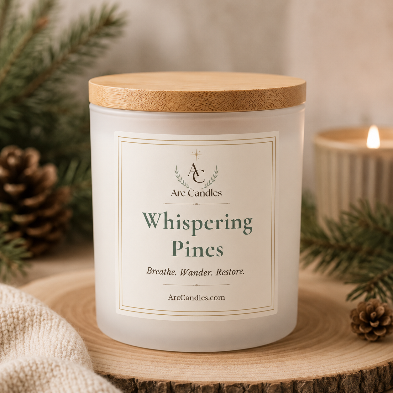 A frosted white Arc Candles jar candle with a light wood lid sits on a wood slice in a cozy holiday setting with pine branches, a lit candle, and a knit blanket.
