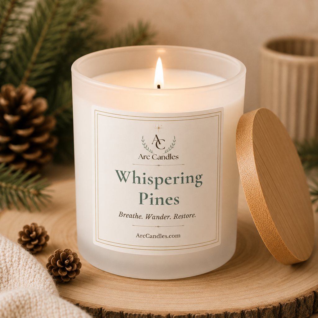A lit Arc Candles scented candle in a frosted glass jar sits on a wood slice with pinecones and evergreen branches around it. The front label reads 'Whispering Pines' and the lid rests beside the jar.