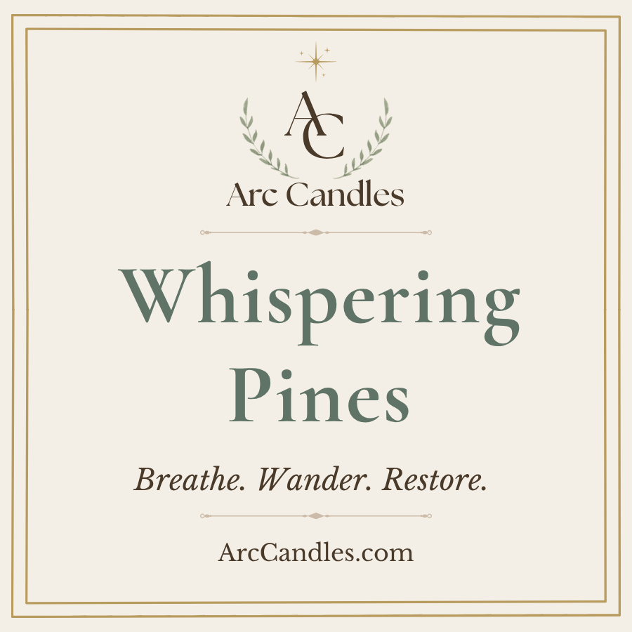 A square cream-colored candle label with a thin gold border, featuring the Arc Candles logo at the top and the scent name 'Whispering Pines' in large green serif text. Smaller text reads 'Breathe.