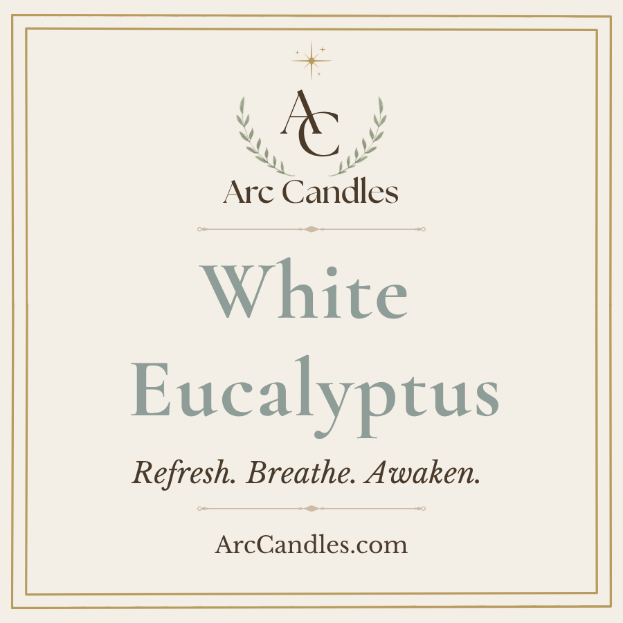 A square cream-colored card with a thin gold border, featuring the Arc Candles logo and the scent name 'White Eucalyptus' in large gray-green text, with the tagline 'Refresh. Breathe.
