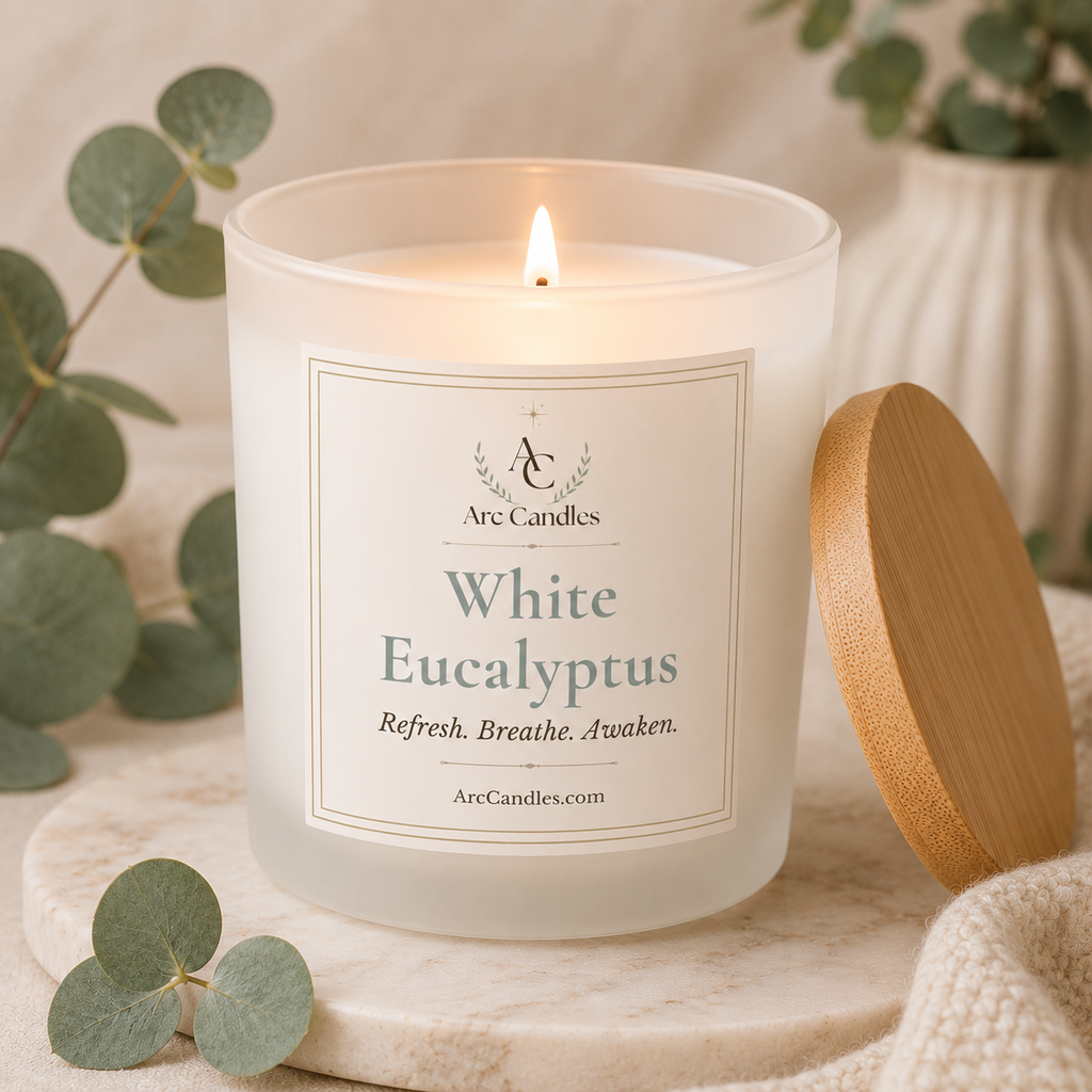 A lit white soy candle in a frosted glass jar with a wooden lid resting beside it on a marble surface. The front label reads Arc Candles and White Eucalyptus, with eucalyptus leaves and a soft neutral background.
